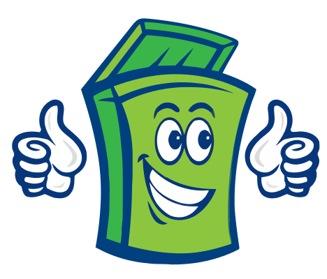 Cartoon image of a green recycling bin with eyes and a smiling face, giving two thumbs up.