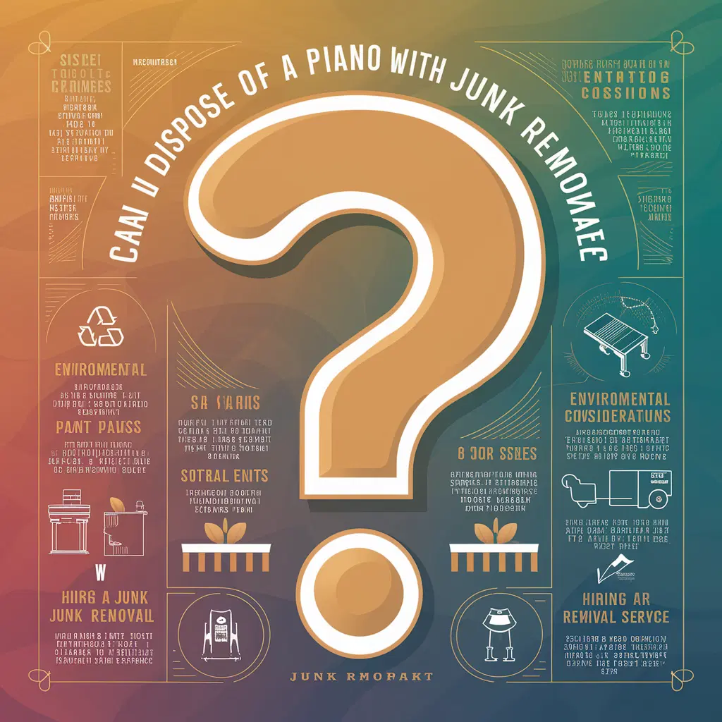 Infographic with a large question mark in the center, titled "Can U Dispose of a Piano with Junk Removal?". It includes sections on requirements, environmental considerations, hiring a service, and sorting items.