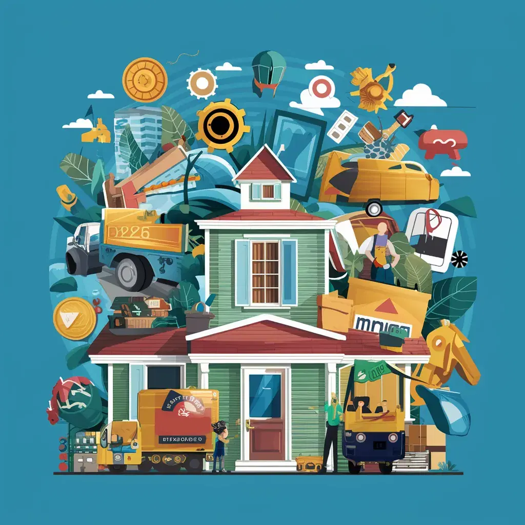 Illustration of a house surrounded by various construction and renovation tools and vehicles, including a truck, crane, and toolbox, set against a blue background with clouds and gears.