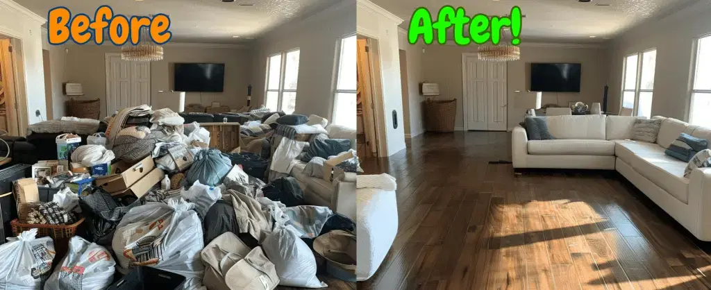 Two side-by-side images of a living room. Left: cluttered with bags, boxes, and clothes. Right: clean and organized with a white sectional sofa and clear floor. Text states "Before" and "After!".