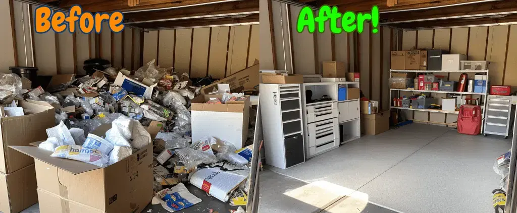 A cluttered, messy garage filled with boxes and miscellaneous items is shown in the "Before" image, while the "After" image displays the same garage neatly organized and cleaned with items on shelves.