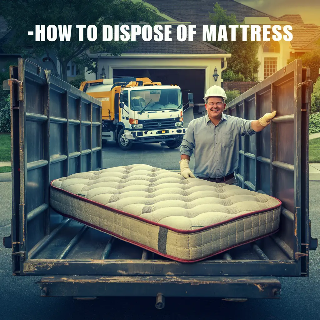 Worker placing a mattress into a large disposal container with a truck in the background, accompanied by text reading "HOW TO DISPOSE OF MATTRESS.
