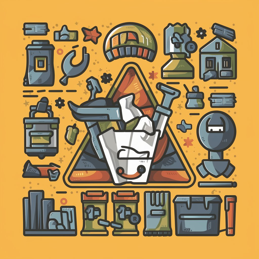 A colorful illustration of various household items and tools, including a house, garbage bin, wrench, paints, and trophies, arranged around a triangular frame on a yellow background.