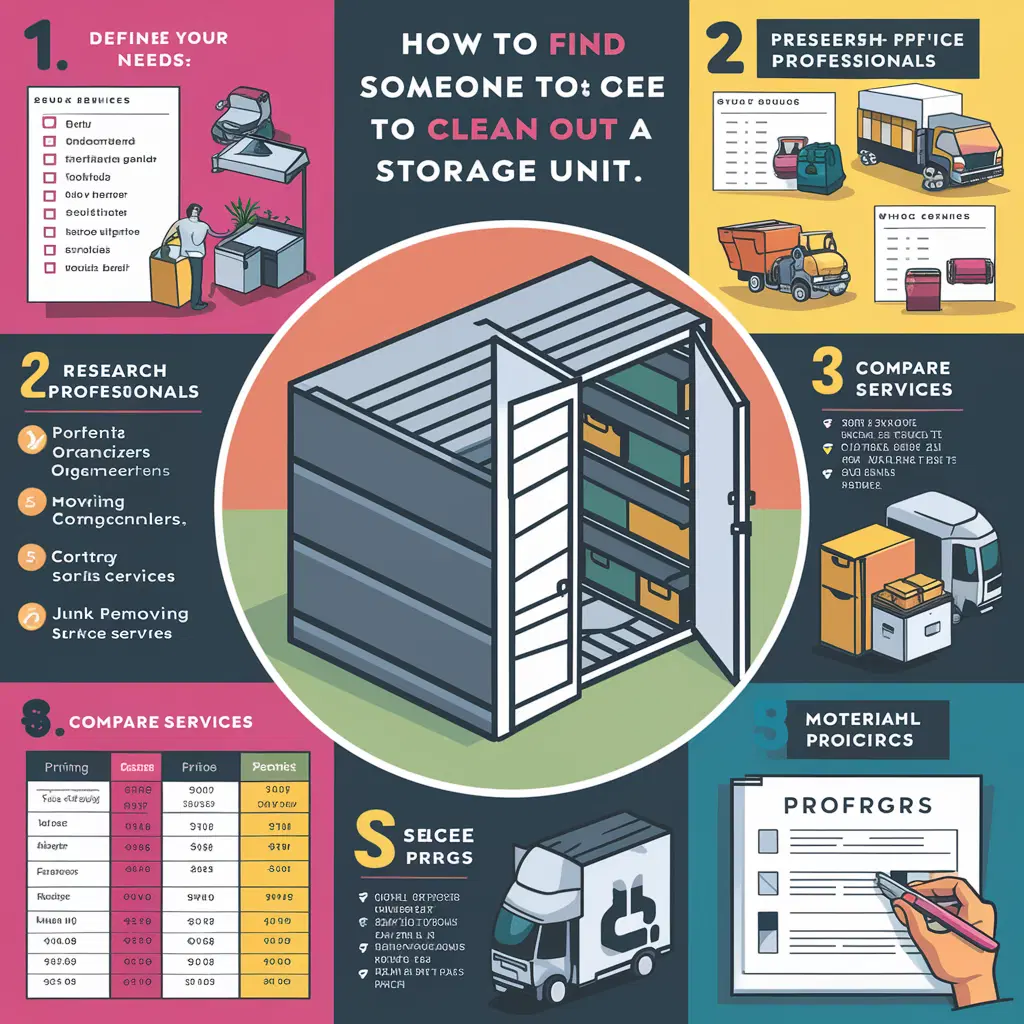 Infographic on finding someone to clean out a storage unit, detailing the steps: define needs, research professionals, compare services, check reviews, and consider material prices.