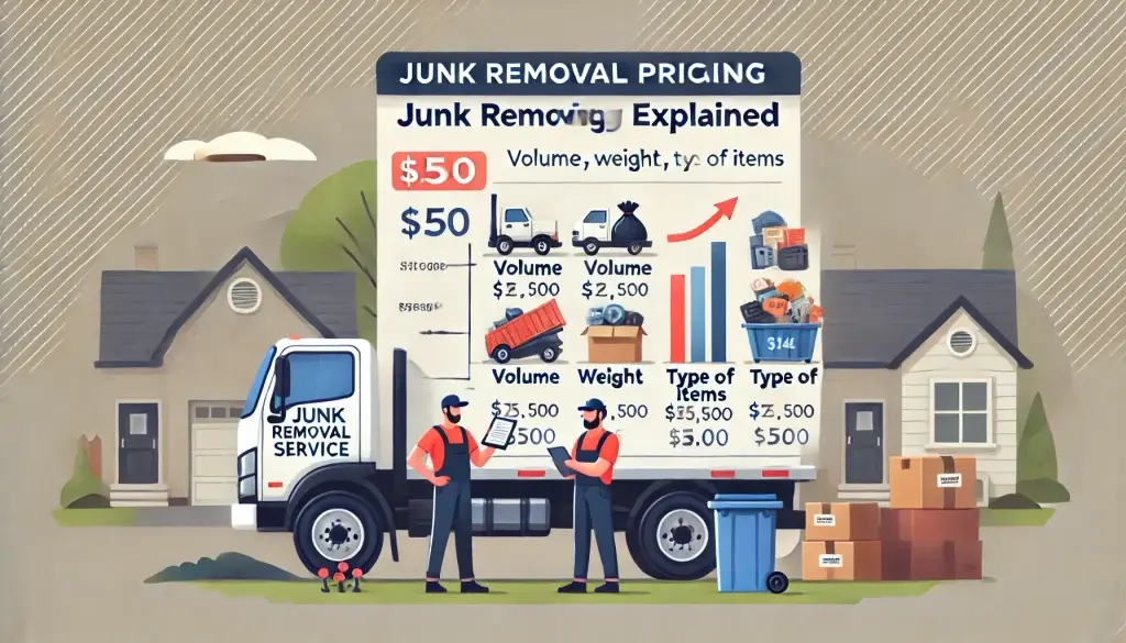 Two workers from a "Junk Removal Service" stand by their truck discussing pricing details displayed on a large infographic. The infographic explains charges based on item volume, weight, and type.