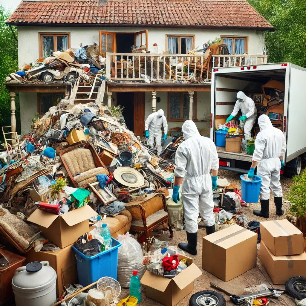 Three people in hazmat suits clear out a house filled with large piles of clutter and garbage into a truck. Various items and boxes are scattered around the yard.