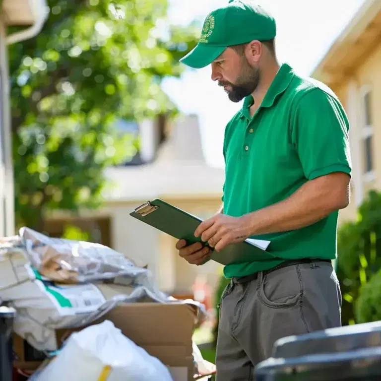 A person wearing a green shirt and cap is standing outdoors, holding a clipboard and inspecting packages.