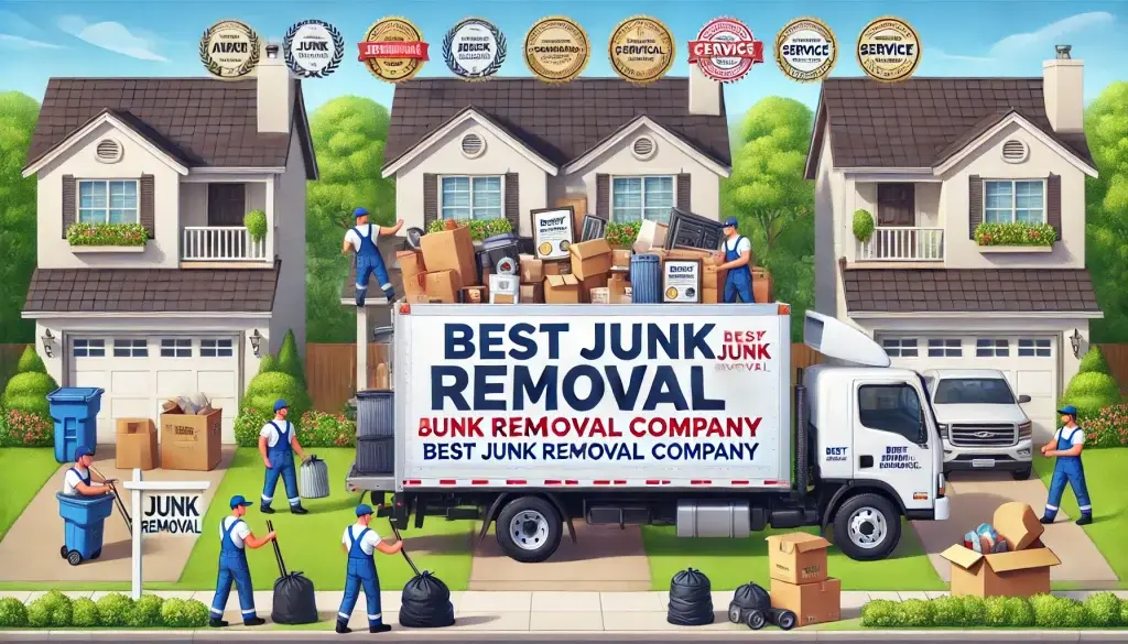 A junk removal truck is being loaded with various items by workers in front of suburban homes. Awards for "Best Junk Removal Company" are displayed above. Several workers are carrying boxes and bags.