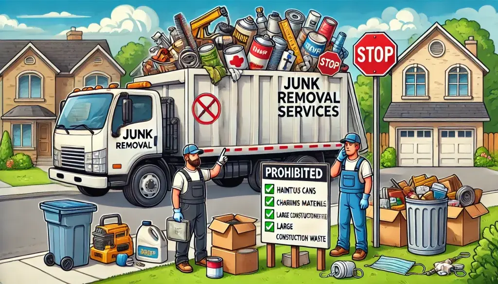 A junk removal truck is parked on a residential street. Two workers load items while a sign lists prohibited materials, including paint cans and hazardous waste. Various discarded items are scattered nearby.
