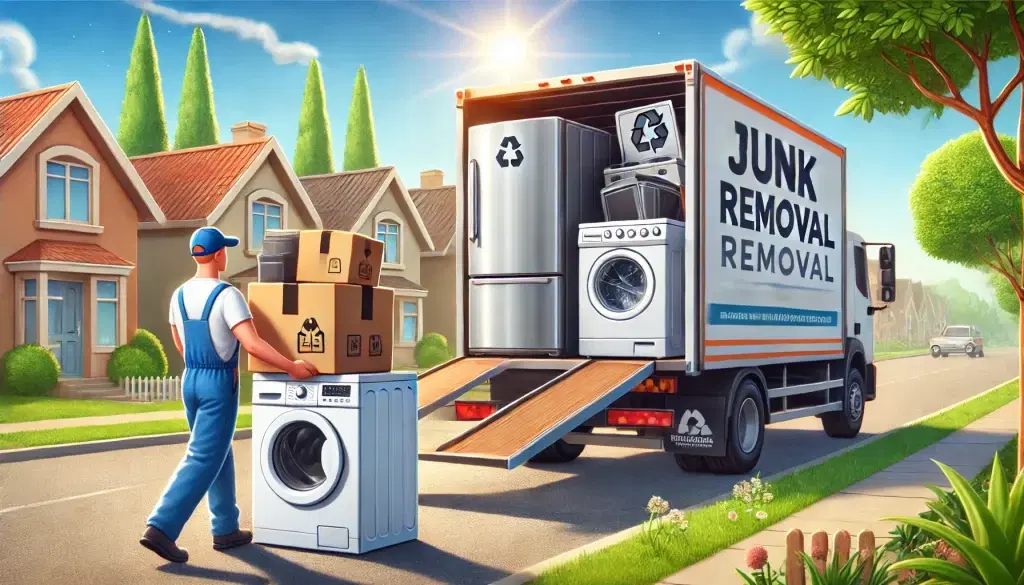 A worker loads household appliances and cardboard boxes into a junk removal truck in a suburban neighborhood on a sunny day.