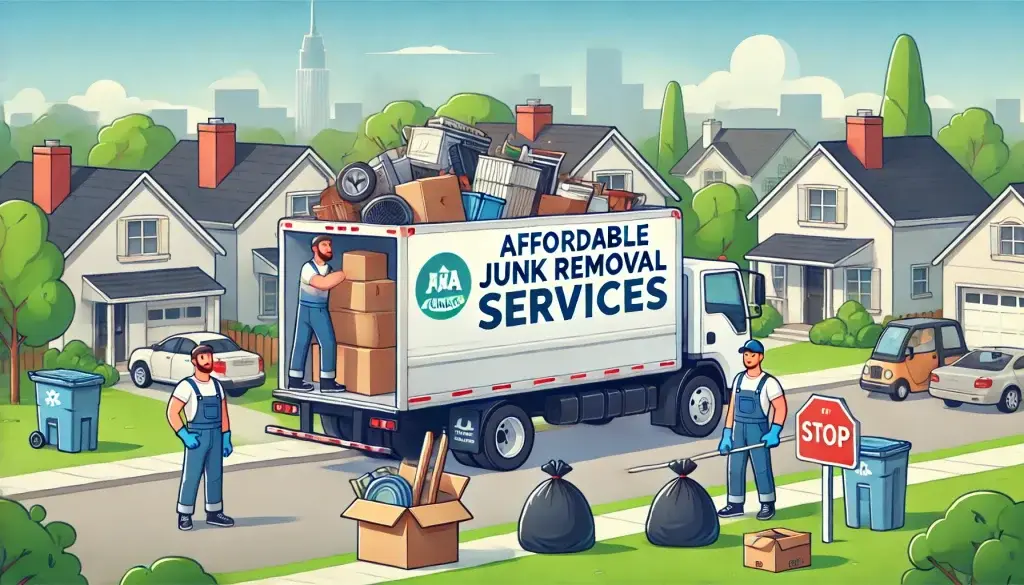 A junk removal truck with "Affordable Junk Removal Services" written on it is being loaded with various items by workers on a suburban street. Neatly packed bags and boxes are on the sidewalk.
