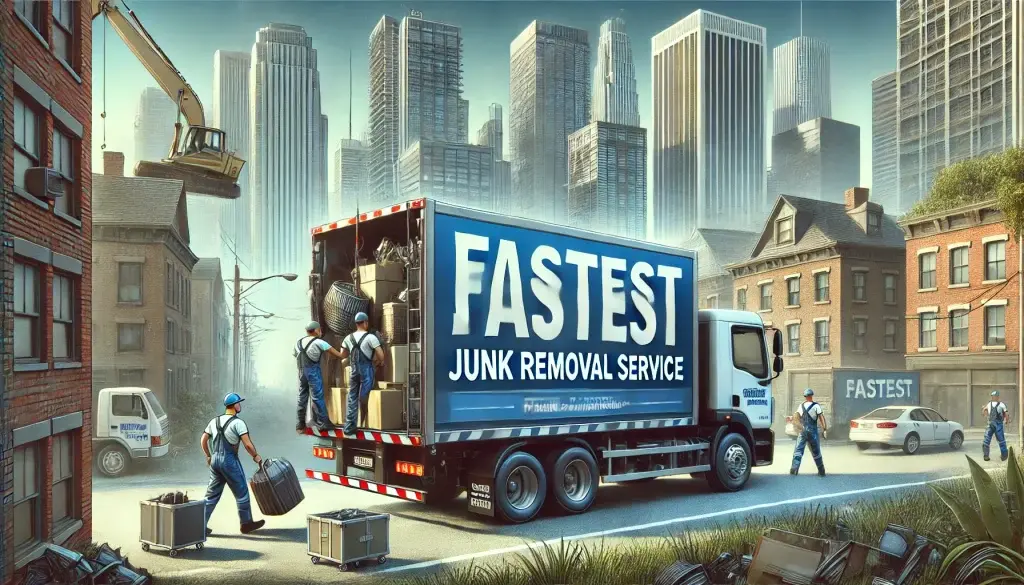 A junk removal truck labeled "Fastest Junk Removal Service" is being loaded by workers in a cityscape with skyscrapers and buildings in the background.