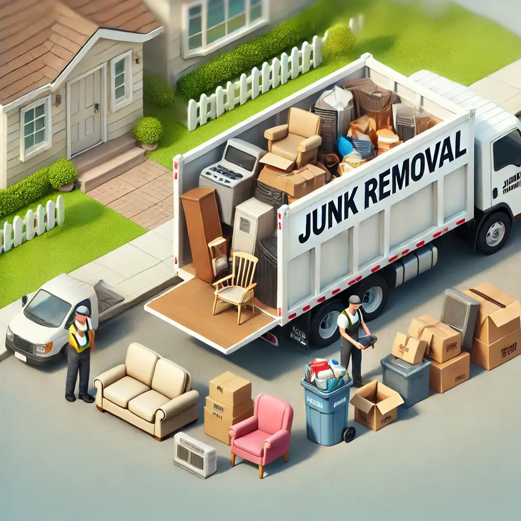 A 'Junk Removal' truck is parked outside a house with movers loading various furniture and boxes. Items include chairs, a sofa, a bin, and an AC unit. Two movers are present, one checking a clipboard.