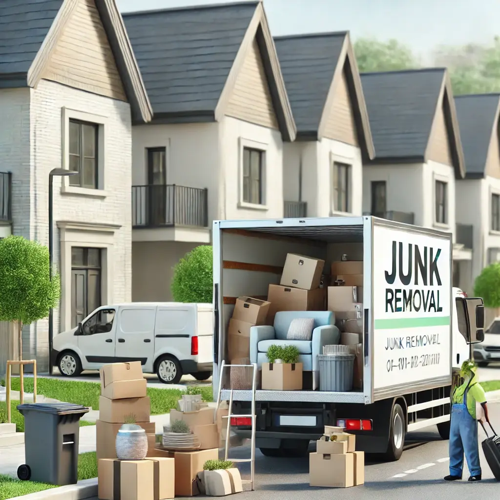 A junk removal truck is parked on a suburban street with boxes, furniture, and household items outside. A worker in a safety vest stands nearby. Multiple townhouses and vans are in the background.