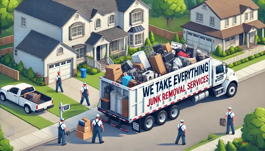 A truck labeled "We Take Everything: Junk Removal Services" is parked in a suburban neighborhood while workers load various household items and clutter onto it.