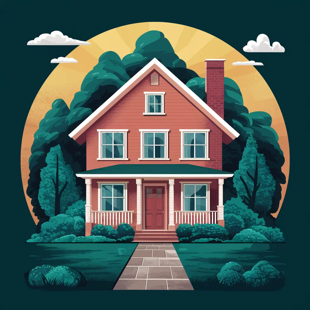 Illustration of a two-story red house with a front porch, surrounded by trees and greenery, under a sunset sky.