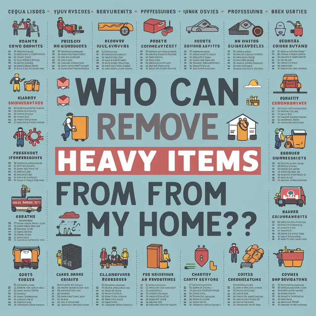 An illustration titled "Who Can Remove Heavy Items From My Home??" surrounded by icons and text boxes listing various services and contact details for removal companies.