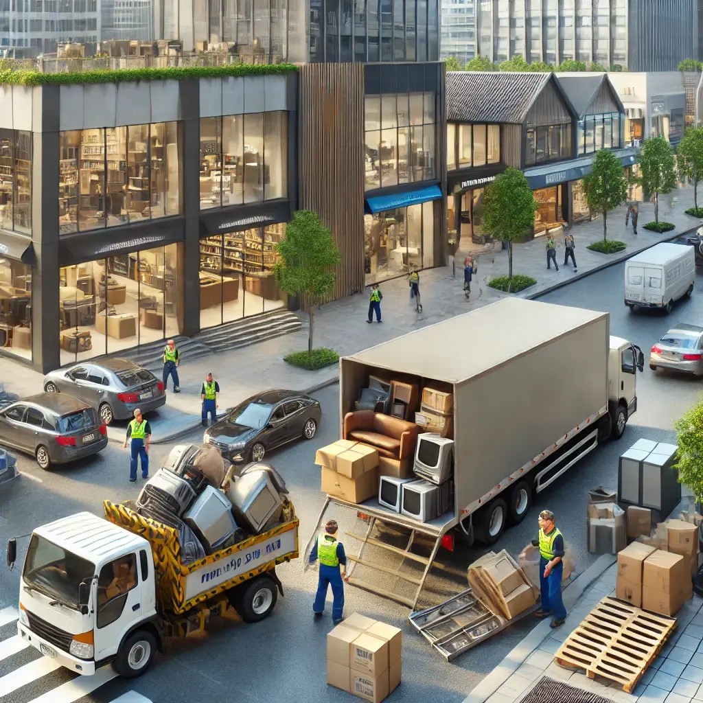 Workers unload furniture and boxes from a truck in an urban street while vehicles pass by. Pedestrians walk on the sidewalks next to modern commercial buildings and a few classical-style shops.
