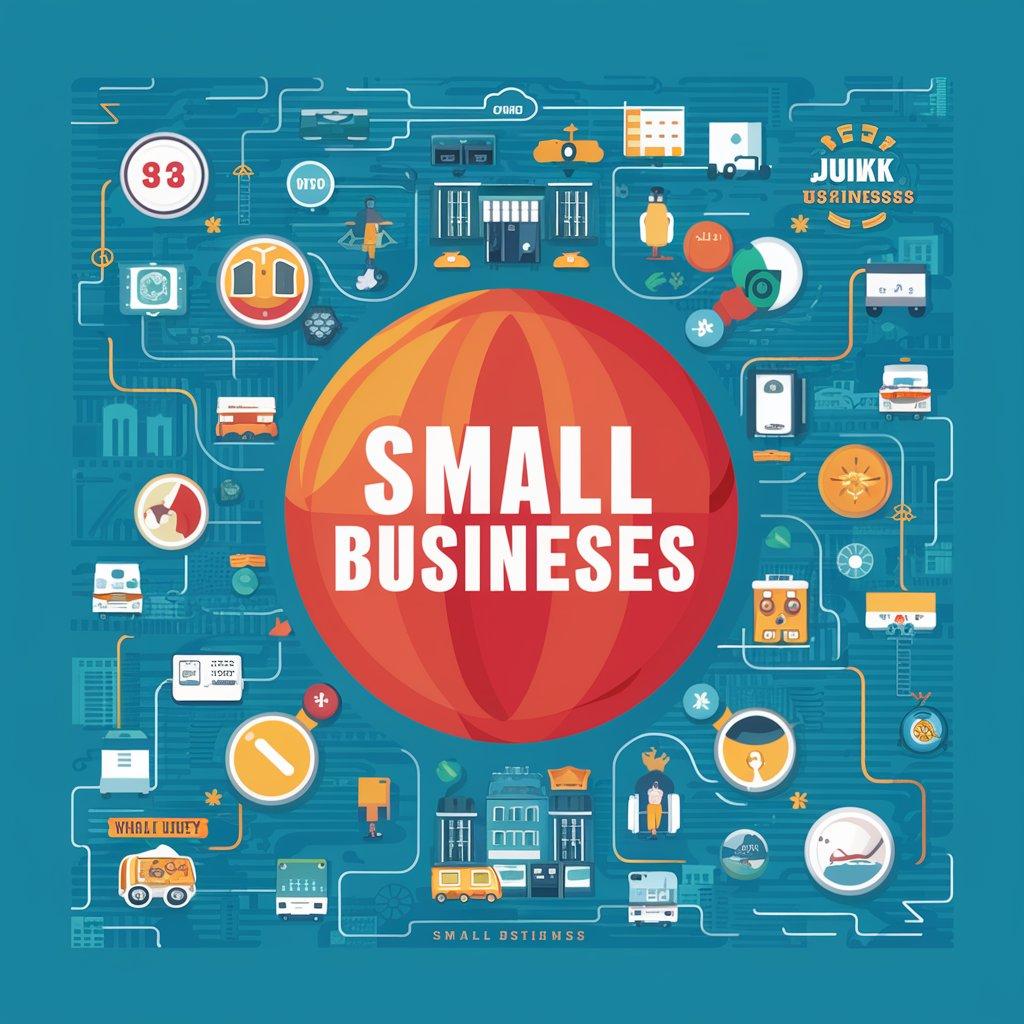 Illustration featuring various icons representing small businesses and services, with a large red sphere in the center labeled "Small Businesses" against a blue background.