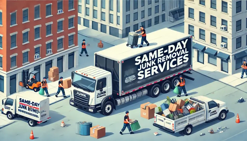 Workers removing junk and boxes from buildings and loading them onto trucks labeled "Same-Day Junk Removal Services" on a city street. One worker is on top of a truck, and various items are scattered around.