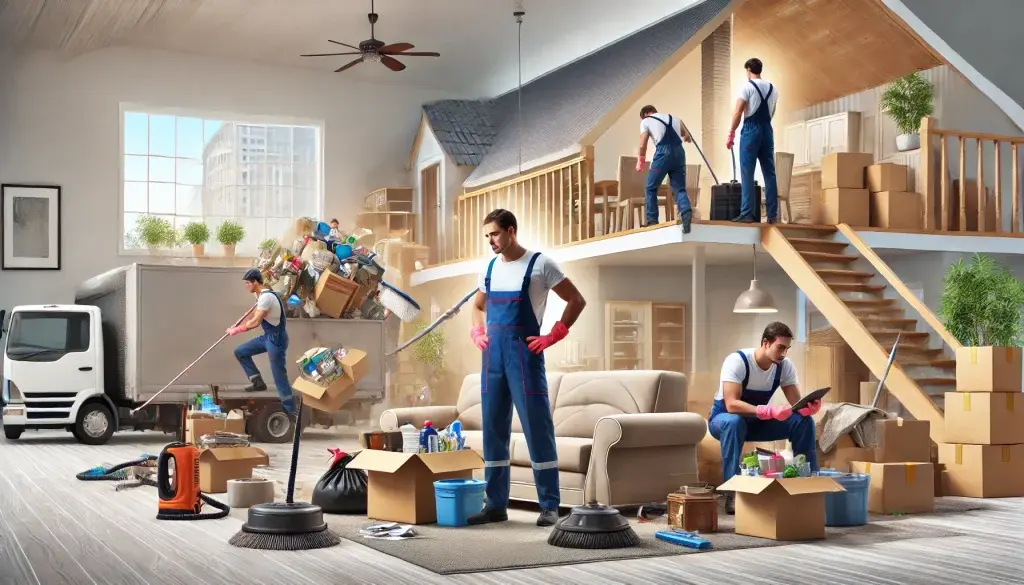 A team of movers organizes and cleans a house. Boxes and cleaning supplies are scattered around while individuals sweep, pack and arrange items. A truck is visible outside the large window.