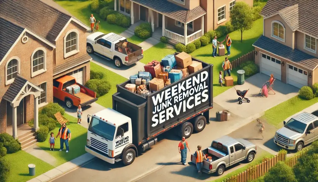 A junk removal truck labeled "Weekend Junk Removal Services" is parked on a suburban street. Workers are loading items into the truck while residents bring more items from their homes.