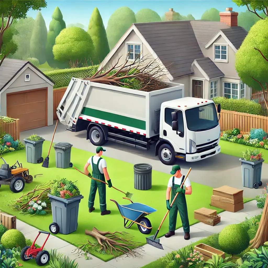 Three workers dressed in green uniforms are clearing yard waste into a truck parked in front of a suburban house with a tidy lawn. Yard equipment, bins, and branches are scattered around.
