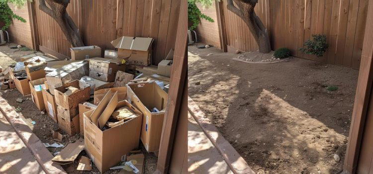 Before and after photos of a yard show a cluttered area with cardboard boxes and trash, then the same space cleaned up with only a small tree and a plant remaining.