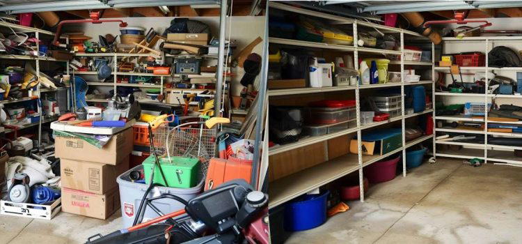 A garage with cluttered shelves and various items stacked on the left, and the same shelves organized with neatly arranged containers and belongings on the right.