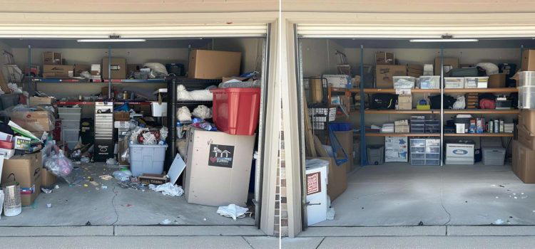 A two-part image of a cluttered garage before and after organization. The left side shows a messy, disorganized space, while the right side displays a neat, orderly arrangement of items on shelves.