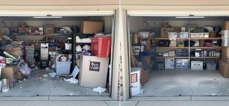 Side-by-side comparison of a cluttered garage (left) filled with boxes and various items, and the same garage after organization (right) with neatly arranged shelves and bins, showing a clear floor.