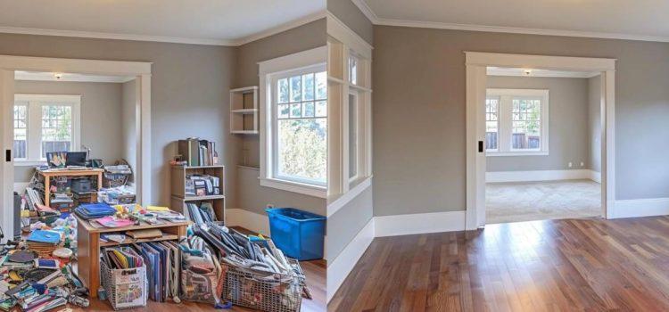 Side-by-side comparison of a room cluttered with various items on the left and the same room clean and empty on the right. Both rooms have wooden floors, large windows, and light-colored walls.